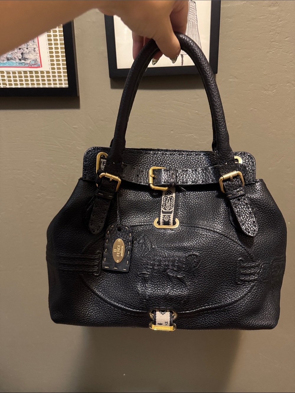 Authentic Fendi Selleria Small Black Pebbled Leather Horse Embossed Handbag|Rare - Picture 5 of 14
